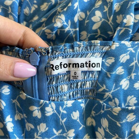 Reformation Mica Floral Print Midi Dress Long Sleeve Square Neck Blue 0 Women’s - Picture 5 of 11